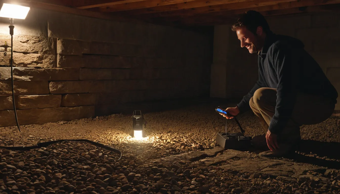 A provider checking a basement foundation wall for pest entry points in the Tuxedo area