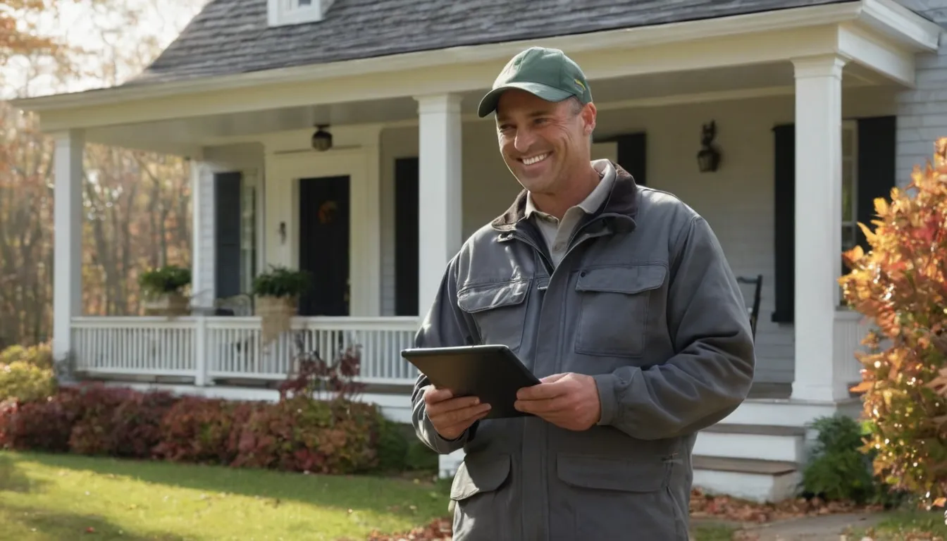 A friendly pest control provider talking with a homeowner at the front door of a Tuxedo home